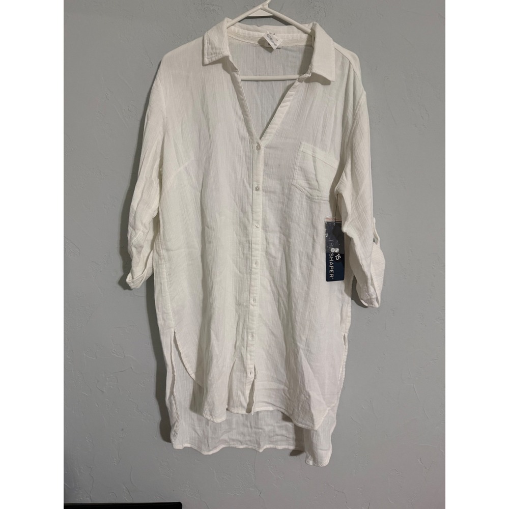 Trimshaper Womens White Cotton Gauze Roll-Tab Sleeve Cover-Up Shirt Large
